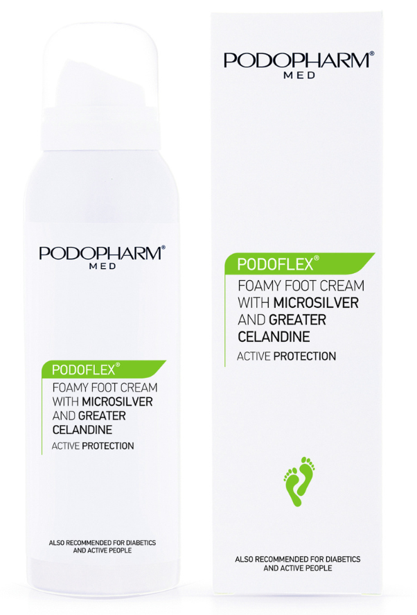 PODOPHARM PODOFLEX Foamy Foot Cream – vahtkreem jalgadele mikrohõbeda ja vereurmarohuga, mis niisutab ja kaitseb nahka